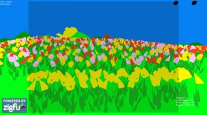 Screen capture from one of the playscapes of Sow/Reap. The image depicts a cartoon field with yellow poppies in the foreground and pink, red, and yellow poppies in the background.