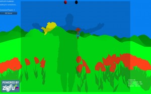 Screen capture from one of the playscapes of Sow/Reap. The image depicts a cartoon field with a shadow of a human whose arms are open wide. The shadow of the human is flanked on both sides by red poppies.